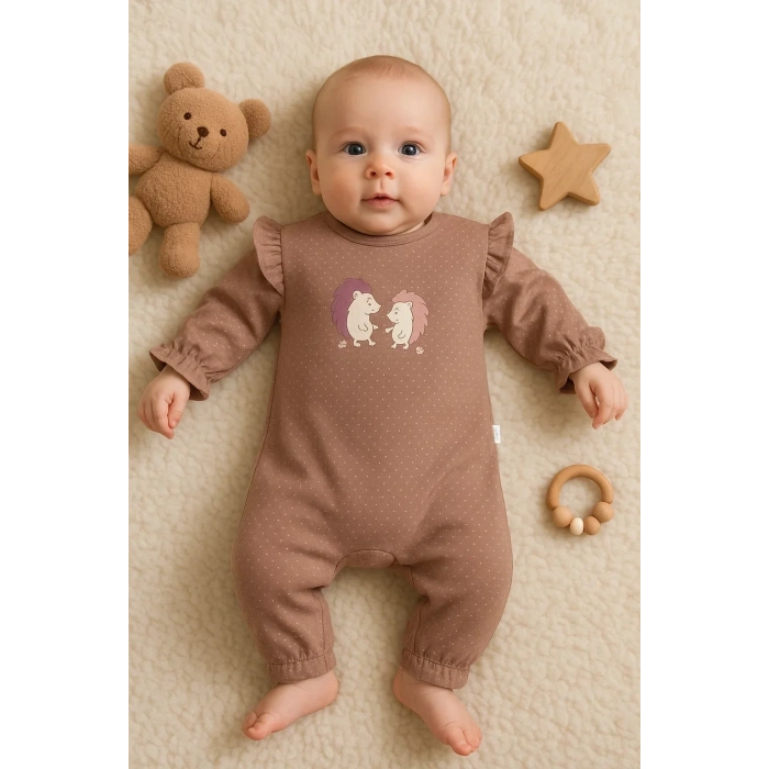 Lenaca Kirpi Nakışlı % 100 Pamuk Kız Bebek Tulum