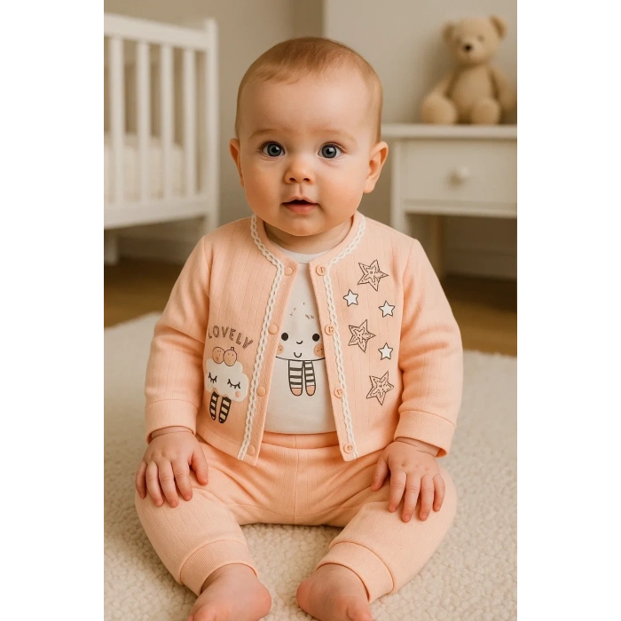 Lenaca Lovely Yıldız Desenli 3lü Hırkalı Kız Bebek Takım