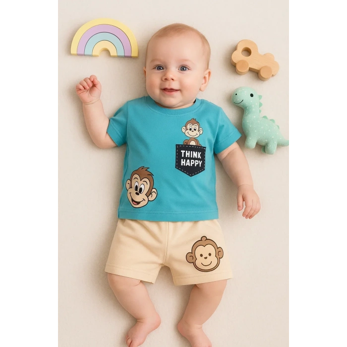 Lenaca Maymun Desenli 2li Erkek Bebek Takım