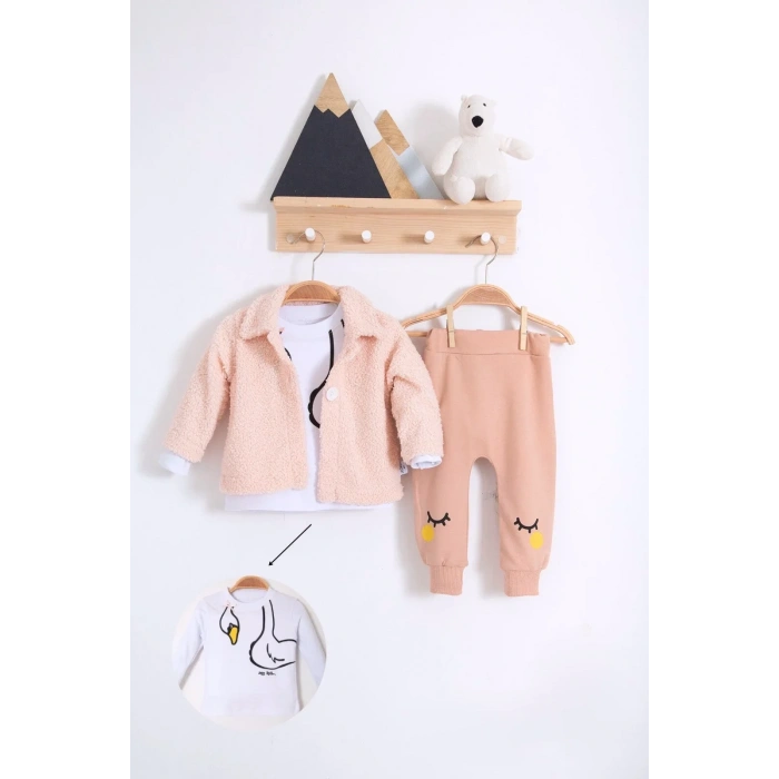 Lenaca Peluş Hırkalı 3 Lü Kız Bebek Takım