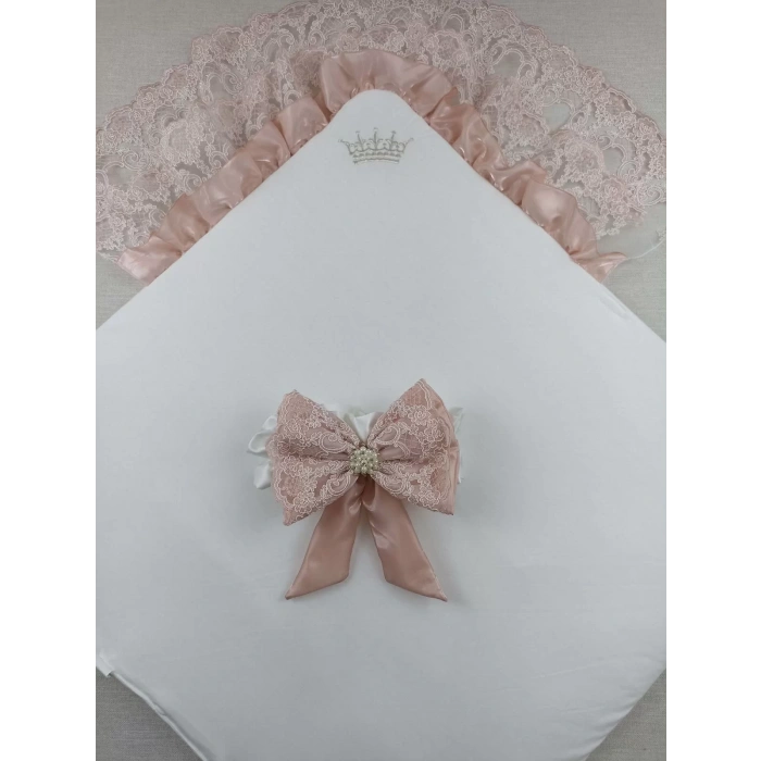 Lenaca Sahra Taç Nakışlı İnci Ve Dantel Fiyonklu Çift Dantel Duvaklı Trilüks Kundak Bebek Battaniyesi