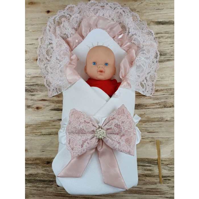 Lenaca Sahra Taç Nakışlı İnci Ve Dantel Fiyonklu Çift Dantel Duvaklı Trilüks Kundak Bebek Battaniyesi