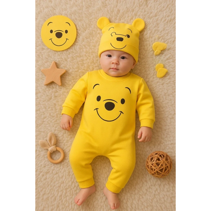 Lenaca The Bear Desenli % 100 Pamuk Şapkalı Tulum