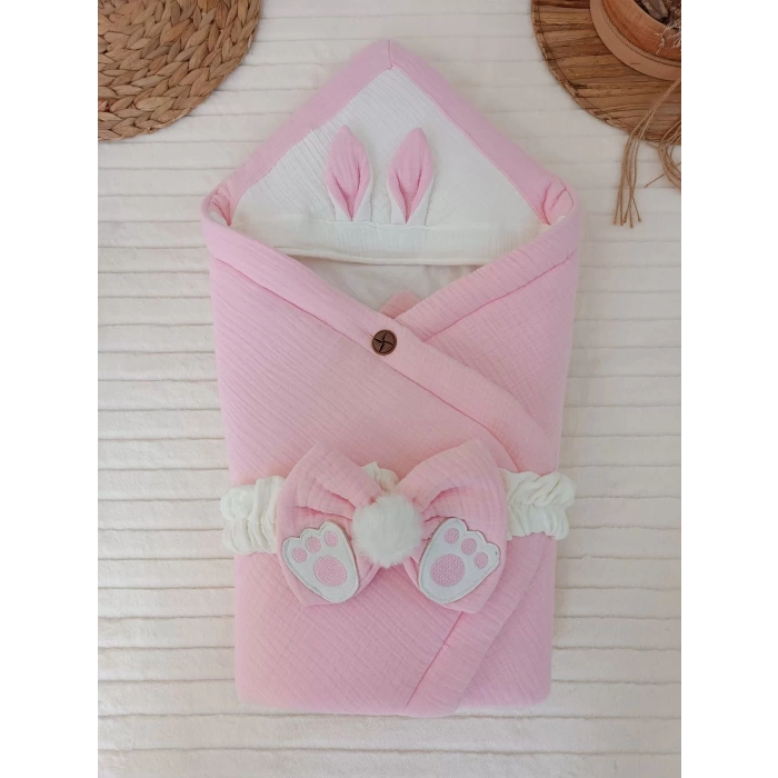 Lenaca Yenidoğan 4 Kat Müslin Kumaş Kulaklı Patili Fiyonk Bebek Battaniyesi Kundak