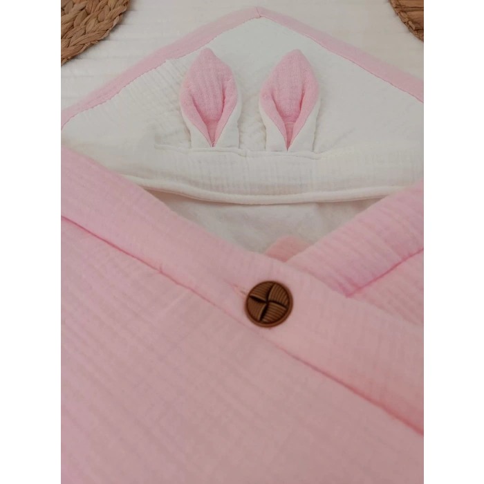 Lenaca Yenidoğan 4 Kat Müslin Kumaş Kulaklı Patili Fiyonk Bebek Battaniyesi Kundak