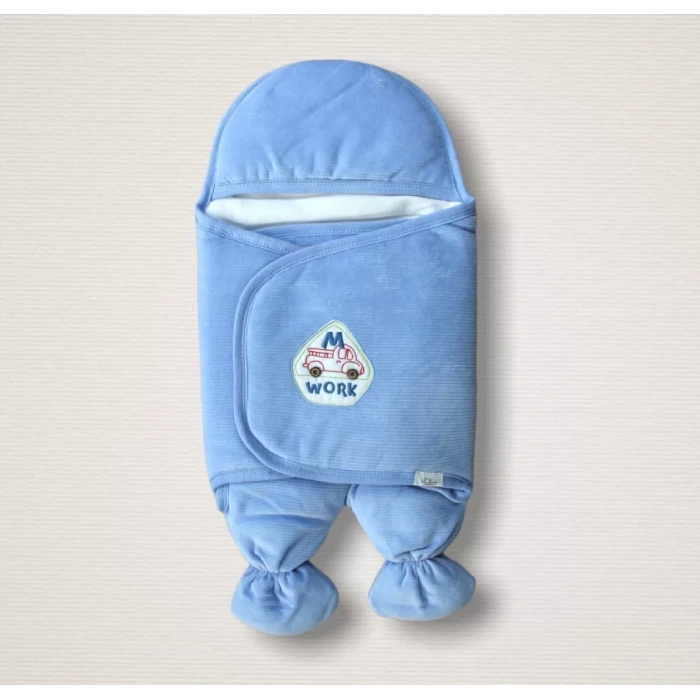 Lenaca Yenidoğan Araba Nakışlı Fitilli Kadife Ayaklı Erkek Bebek Kundak