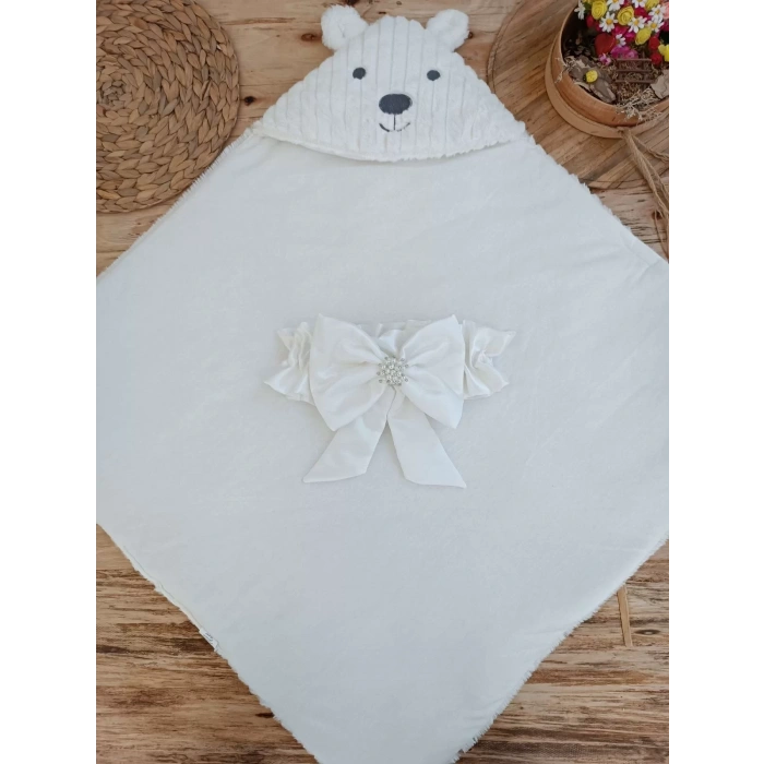 Lenaca Yenidoğan Beyaz Wool Yün Kumaş Ayıcık Kulaklı Kundak Bebek Battaniyesi