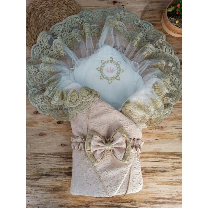 Lenaca Yenidoğan Kabartma Desenli Gold Çift Güpürlü Bebek Battaniyesi Kundak