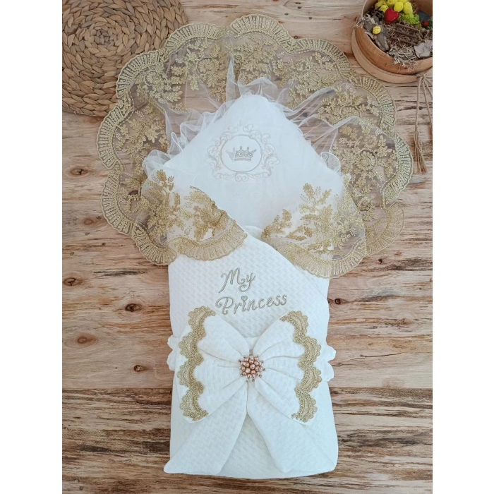 Lenaca Yenidoğan Pamuk Taç Benim Prensesim Nakışlı Trilüks Kundak Bebek Battaniyesi