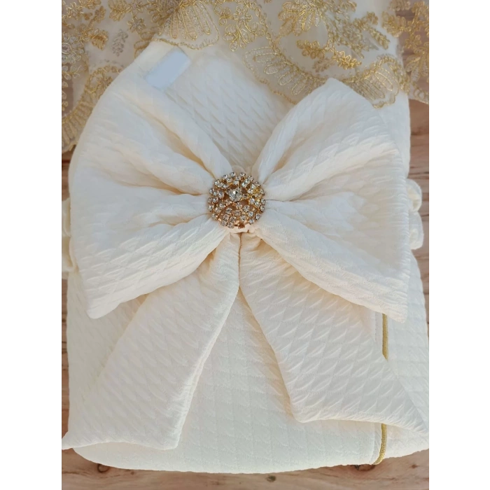 Lenaca Yenidoğan Piramitland Taşlı Gold Güpür İşleme Bebek Battaniyesi Kundak