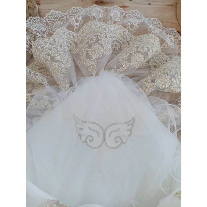 Lenaca Yenidoğan Sahra Taç Nakışlı Gold Angel Trilüks Kundak Bebek Battaniyesi