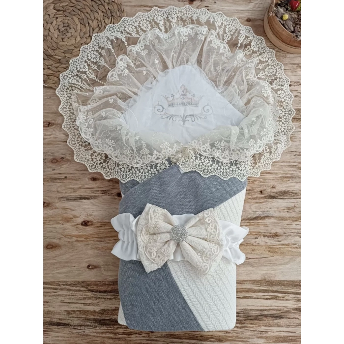 Lenaca Yenidoğan Teri Cotton Taç Nakışlı Prizma Taş Kundak Bebek Battaniyesi