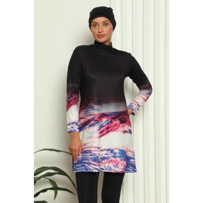 Tam Tesettür Dijital Desenli Mayo Siyah