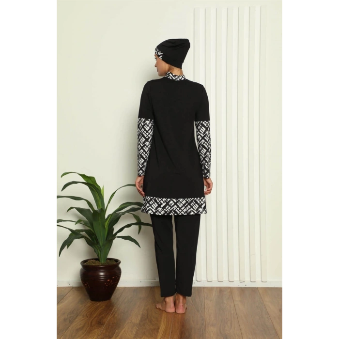 Tam Tesettür Dijital Desenli Mayo Siyah