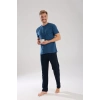Erkek İndigo Düğmeli Yaka Kısa Kol Pijama Takımı