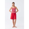 Kadın İp Askılı Pamuk Penye Şortlu Takım Kırmızı