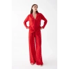 Kadın Kırmızı Şeffaf Jakar Düğmeli Pijama Takımı