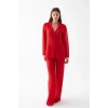 Kadın Kırmızı Şeffaf Jakar Düğmeli Pijama Takımı