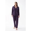 Kadın Mor Düğmeli Yaka Detaylı Desenli Pamuklu Pijama Takımı