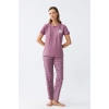 Kadın Mor Patili Tavşan Baskılı Cepli Pijama Takımı