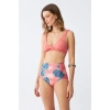 Kadın Somon Pedli Üst ve Tropik Desenli Yüksek Bel Bikini Takımı