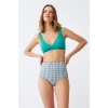 Kadın Yeşil Pedli Geometrik Desenli Yüksek Bel Bikini Takımı
