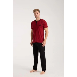 Erkek Bordo Düğmeli Yaka Kısa Kol Pijama Takımı