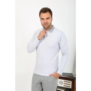 Erkek Polo Yaka Uzun Kol Penye Pijama Takımı Gri