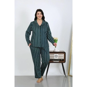 Kadın Büyük Beden Pamuklu Cepli Düğmeli Petrol Pijama Takım