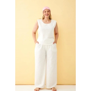 Kadın Ekru Keten Jakarlı Büyük Beden Alt Üst Takım