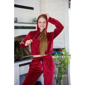 Kadın Kadife Kapşonlu Eşofman Takım Bordo
