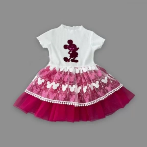 Lenaca 1-2-3 Yaş Payetli  Baskılı Brode Etekli Kız Bebek Elbisesi