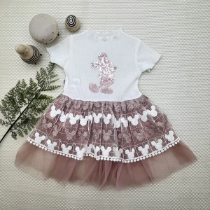 Lenaca 1-2-3 Yaş Payetli  Baskılı Brode Etekli Kız Bebek Elbisesi