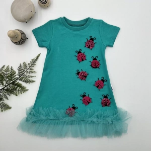 Lenaca 1-2-3 Yaş Uğur Böceği Nakışlı Fırfır Uçlu Kız Çocuk Jile Elbisesi