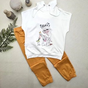 Lenaca 3-4-5 Yaş Kapşonlu Sevimli Kız Baskılı Kısa Kolu 2li Kız Erkek Çocuk Takımı