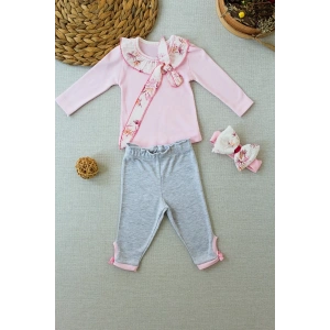 Lenaca 3-6 6-9 9-12 Ay Matmazel Yaka Fırfır Detaylı Bandanalı Uzun Kollu Sweat 3lü Kız Bebek Takımı