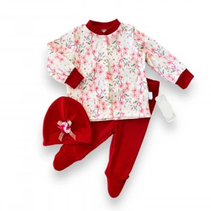 Lenaca 3-6-9-12 Ay Çiçek Baskılı Şapkalı Çıtçıt Kapamalı Patikli 3lü Kız Bebek Takımı