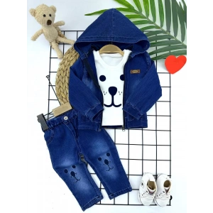 Lenaca 9-12-18-24 Ay Kot Kumaş Kapşonlu Uzun Kol Sweatli Kot Kumaş 3lü Erkek Bebek Takımı