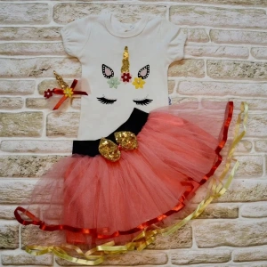 Lenaca 9-12-18 Ay Payetli Pony Nakışlı Tokalı Kısa Kollu Tütü Etek 3lü Kız Bebek Takımı