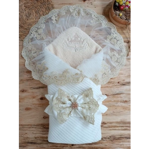 Lenaca Yenidoğan Kuzulu Taç Nakış Güpürlü Fiyonklu Duvaklı Prizma Taş Unisex Kundak Bebek Battaniyesi