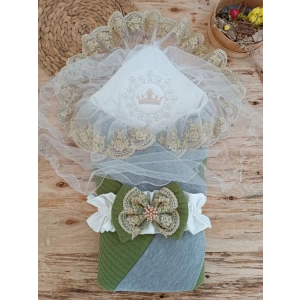 Lenaca Yenidoğan Teri Cotton Taç Nakışlı Prizma Taş Kundak Bebek Battaniyesi