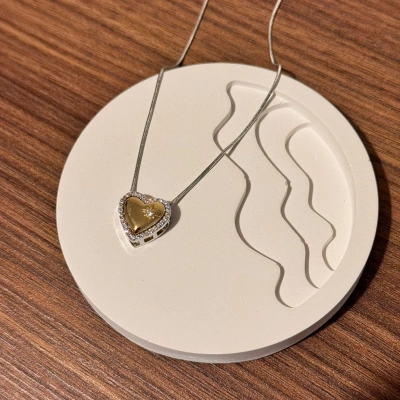 Gold Silver Taşlı Kalp Kolye