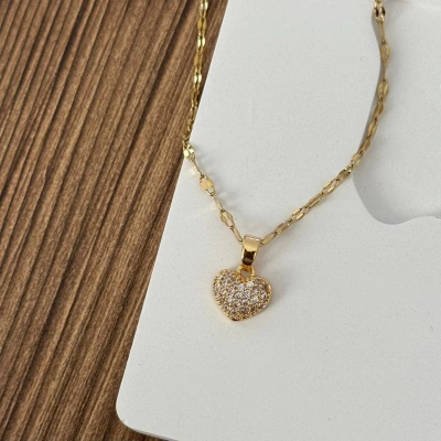 Minik Taşlı Gold Kalp Kolye