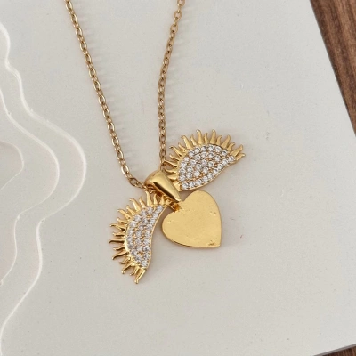 Açılan Güneş Kalpli Gold Kolye