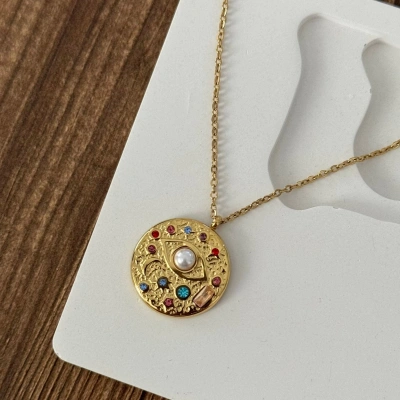 Göz Renkli Taşlı Halka Plaka Kolye