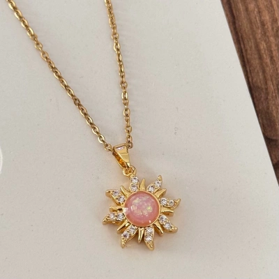 Pembe Taşlı Güneş Kolye