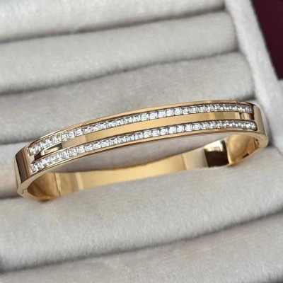 Taşlı Sıralı Kelepçe Bileklik Gold