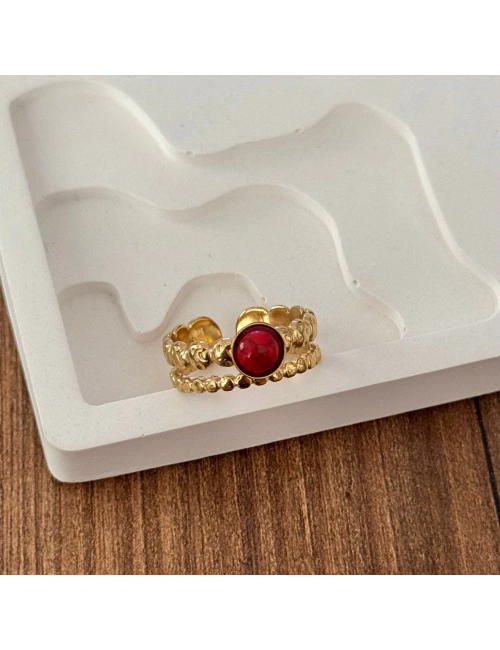 Kırmızı Taşlı Gold Yüzük - Ayarlanabilir