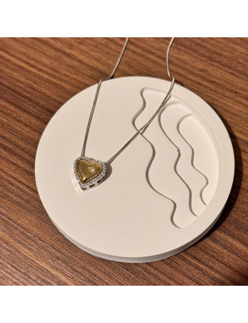 Gold Silver Taşlı Kalp Kolye