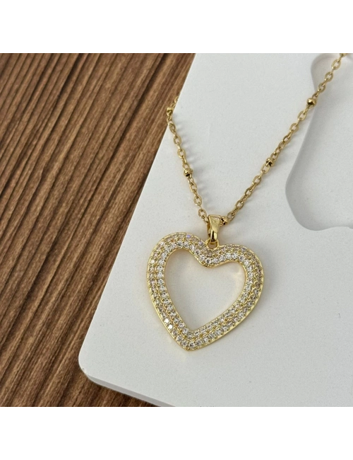 Geniş Taşlı Gold Kalp Kolye